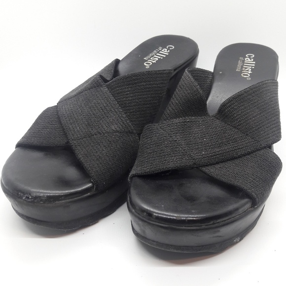 Callisto of California Black Wedge Sandal - Picture 1 of 7